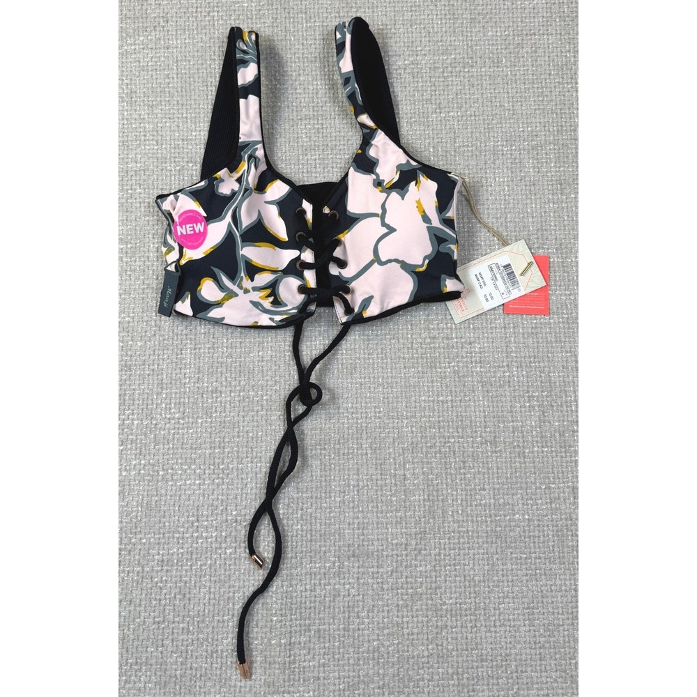Maaji Reversible Lace Up Bikini Top Black Floral Textured Bralette NWT Size M